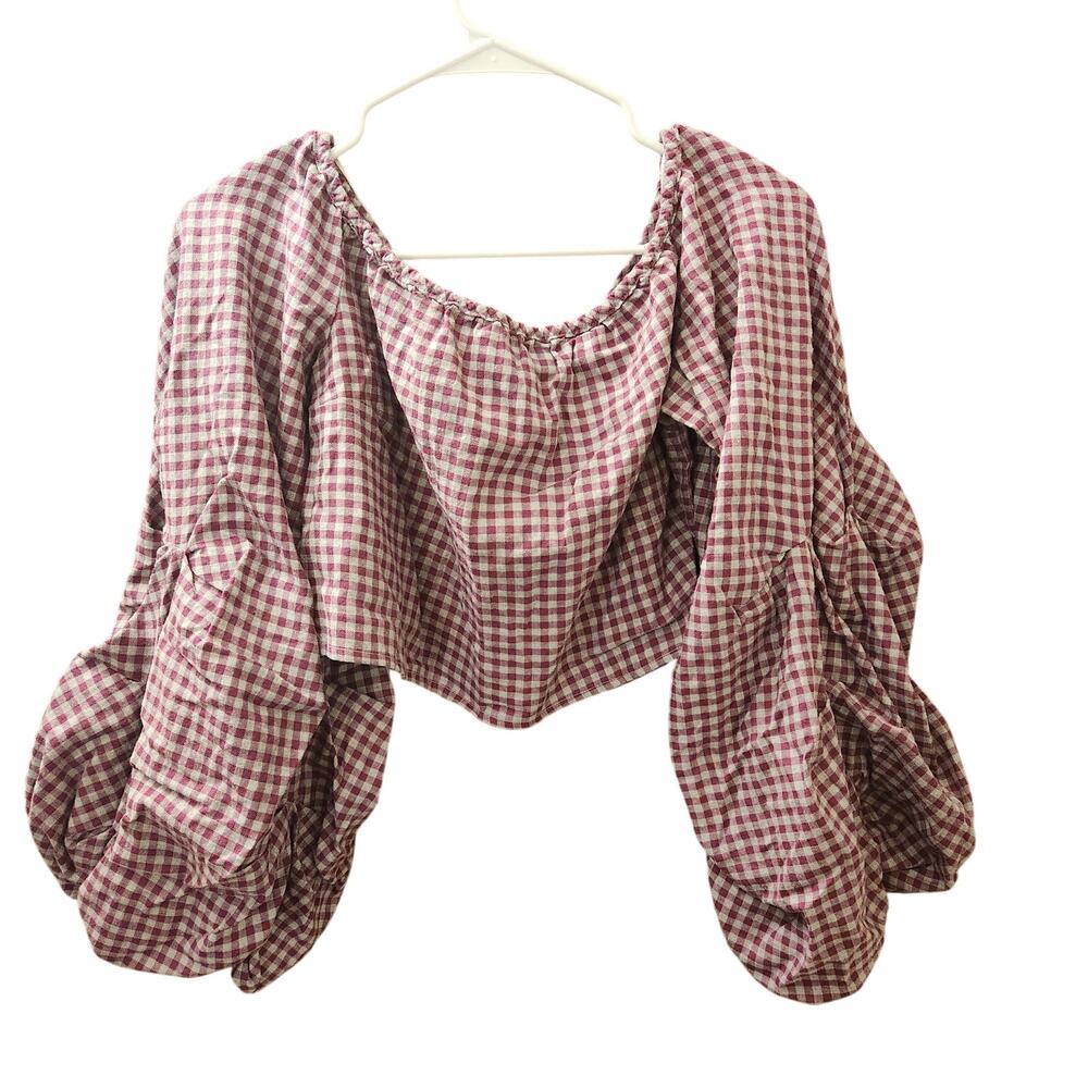 Guest Editor Adalie Gingham Off Shoulder Puff Sleeve Cropped Blouse Size M